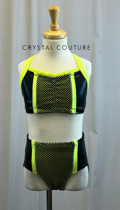 Neon Yellow and Matte Metallic Black Bra and Brief Set -Accessories