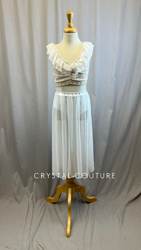 White and Nude Polka Dot Mesh Skirt Set -Rhinestones