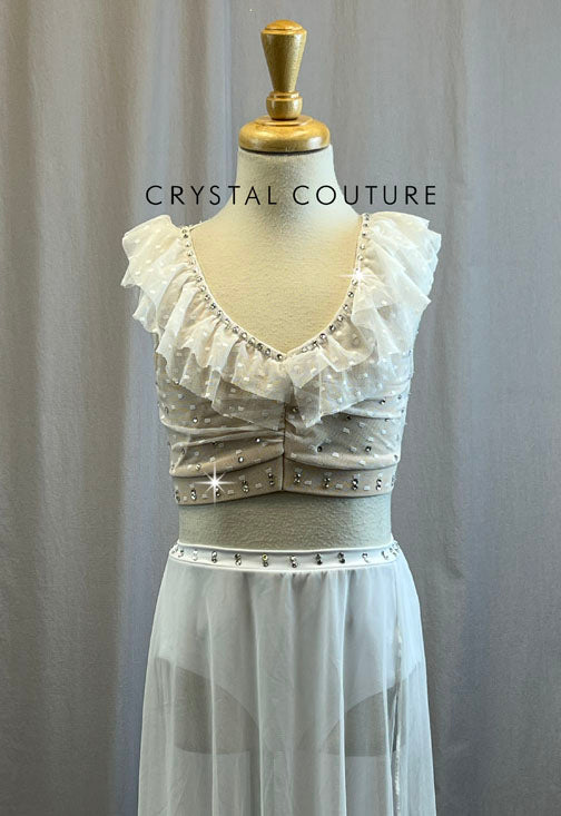 White and Nude Polka Dot Mesh Skirt Set -Rhinestones