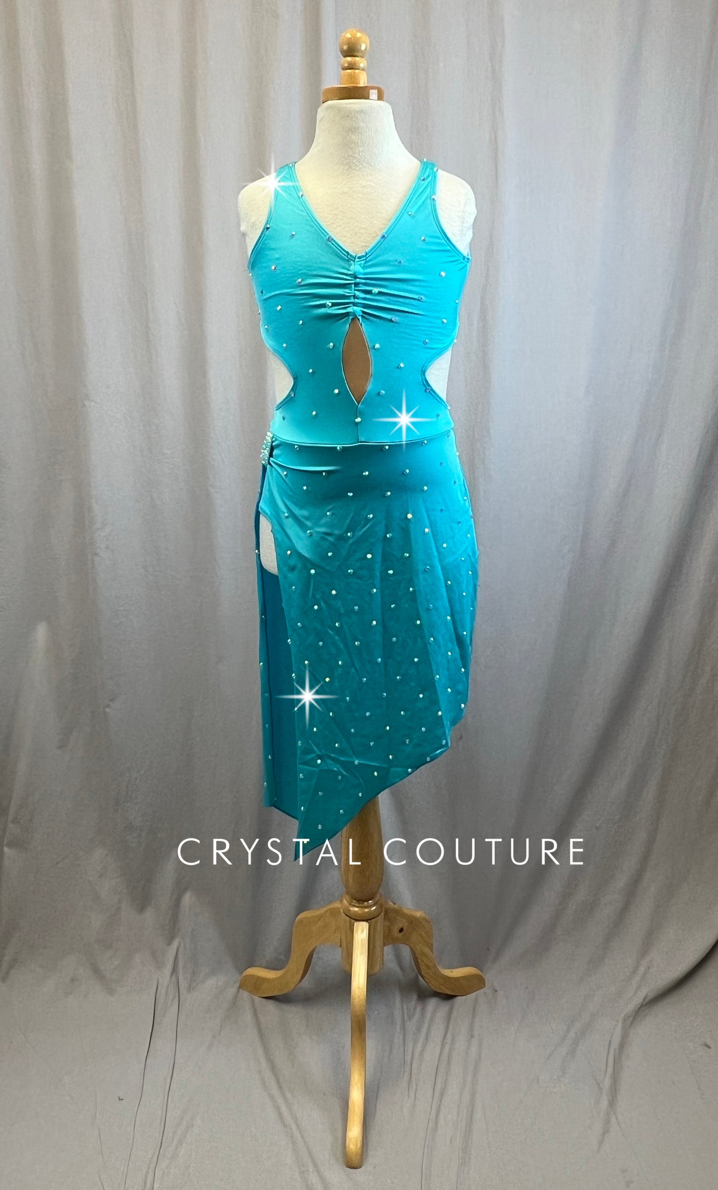 Aqua Sweetheart Fitted Asymmetrical Dress with High Slit -Rhinestones