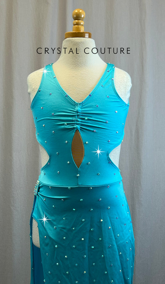 Aqua Sweetheart Fitted Asymmetrical Dress with High Slit -Rhinestones