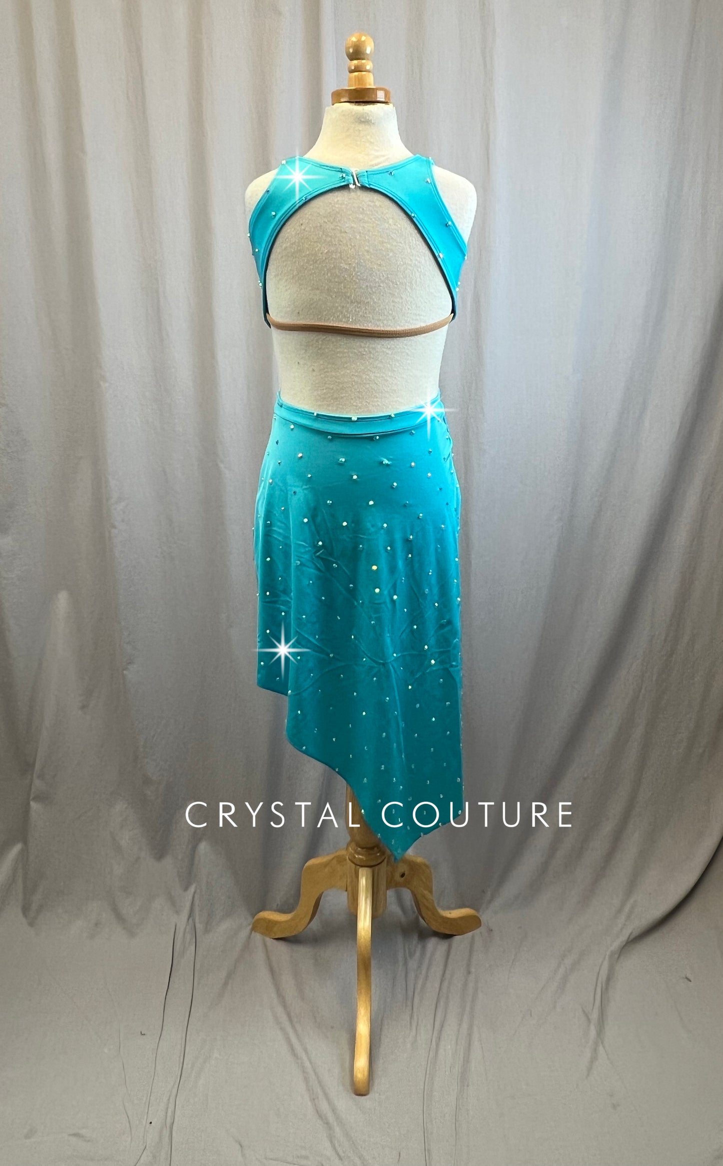 Aqua Sweetheart Fitted Asymmetrical Dress with High Slit -Rhinestones