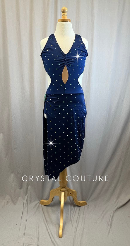 Navy Sweetheart Fitted Asymmetrical Dress with High Slit- Rhinestones