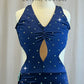 Navy Sweetheart Fitted Asymmetrical Dress with High Slit- Rhinestones