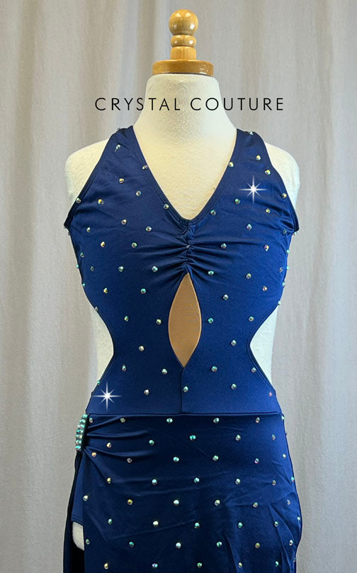 Navy Sweetheart Fitted Asymmetrical Dress with High Slit- Rhinestones