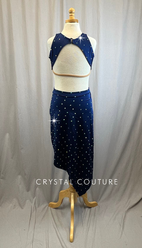 Navy Sweetheart Fitted Asymmetrical Dress with High Slit- Rhinestones