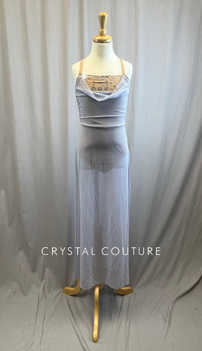 Nude Leotard with Pale Lavender Mesh Overdress- Rhinestones
