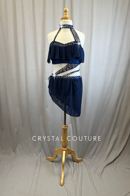 Custom Navy Ruffle Mesh Strappy Cut Out Dress -Rhinestones, Hairpiece