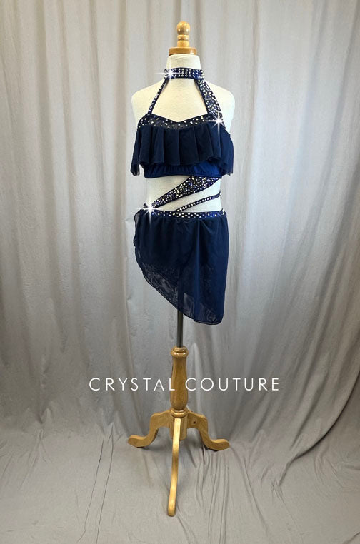 Custom Navy Ruffle Mesh Strappy Cut Out Dress -Rhinestones, Hairpiece