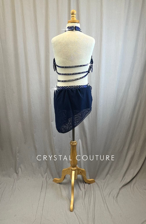 Custom Navy Ruffle Mesh Strappy Cut Out Dress -Rhinestones, Hairpiece