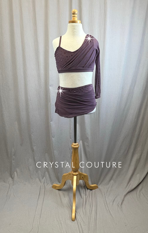 Custom Mauve Mesh Single Long Sleeve Skirt Set -Rhinestones