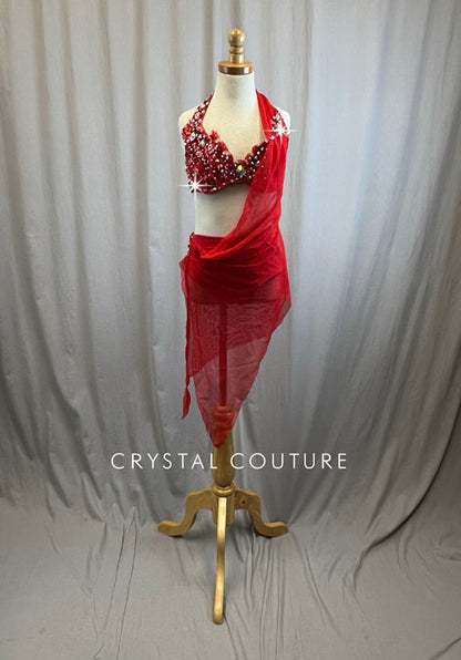 Custom Red Bra Top and Briefs with Flowing Mesh -Rhinestones, Appliques, Hairpiece