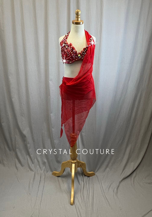 Custom Red Bra Top and Briefs with Flowing Mesh -Rhinestones, Appliques, Hairpiece