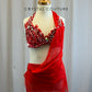 Custom Red Bra Top and Briefs with Flowing Mesh -Rhinestones, Appliques, Hairpiece