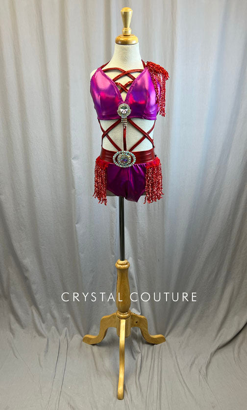 Custom Metallic Fuschia Bra and Brief Set with Red Bead Fringe -Rhinestones, Beaded Appliques, Rhinestone Brooches, Accessories
