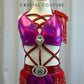 Custom Metallic Fuschia Bra and Brief Set with Red Bead Fringe -Rhinestones, Beaded Appliques, Rhinestone Brooches, Accessories