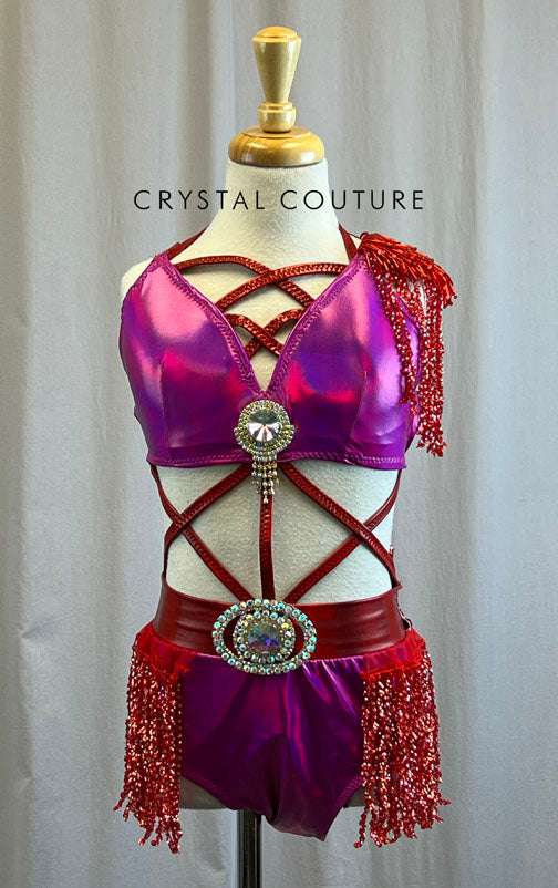 Custom Metallic Fuschia Bra and Brief Set with Red Bead Fringe -Rhinestones, Beaded Appliques, Rhinestone Brooches, Accessories