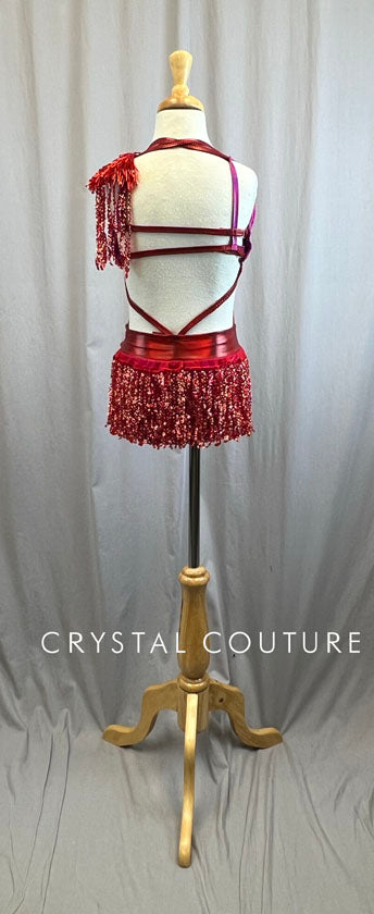 Custom Metallic Fuschia Bra and Brief Set with Red Bead Fringe -Rhinestones, Beaded Appliques, Rhinestone Brooches, Accessories