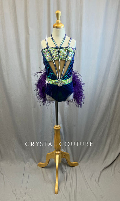 Custom Metallic Purple/Blue and Lime Green Leotard with Purple Feather Bustle -Rhinestones, Rhinestone Appliques, Accessories