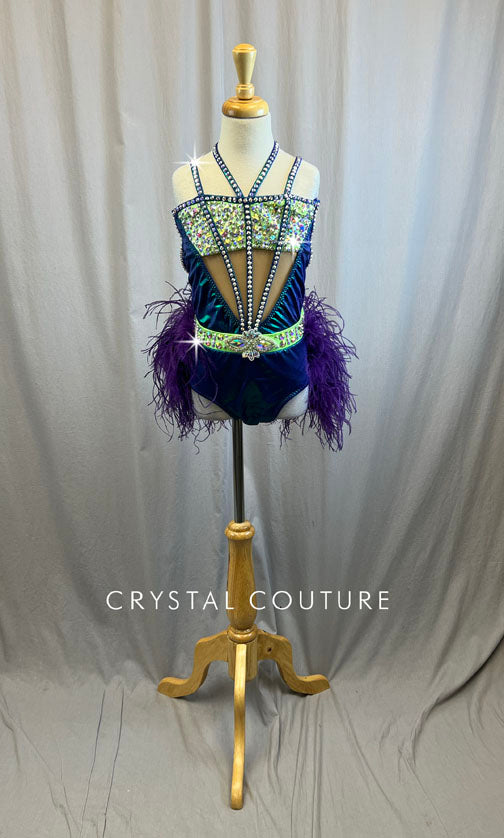 Custom Metallic Purple/Blue and Lime Green Leotard with Purple Feather Bustle -Rhinestones, Rhinestone Appliques, Accessories
