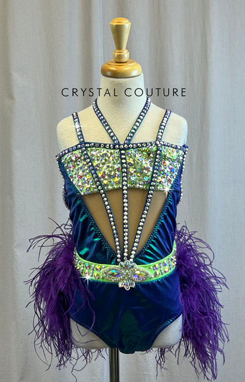 Custom Metallic Purple/Blue and Lime Green Leotard with Purple Feather Bustle -Rhinestones, Rhinestone Appliques, Accessories
