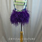 Custom Metallic Purple/Blue and Lime Green Leotard with Purple Feather Bustle -Rhinestones, Rhinestone Appliques, Accessories