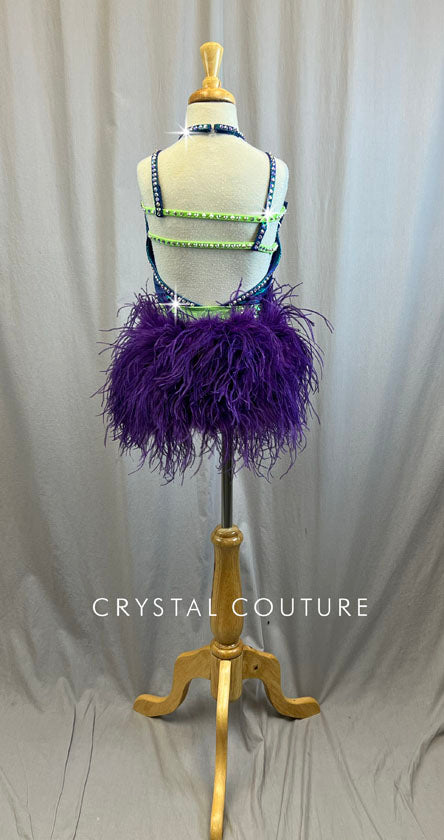 Custom Metallic Purple/Blue and Lime Green Leotard with Purple Feather Bustle -Rhinestones, Rhinestone Appliques, Accessories