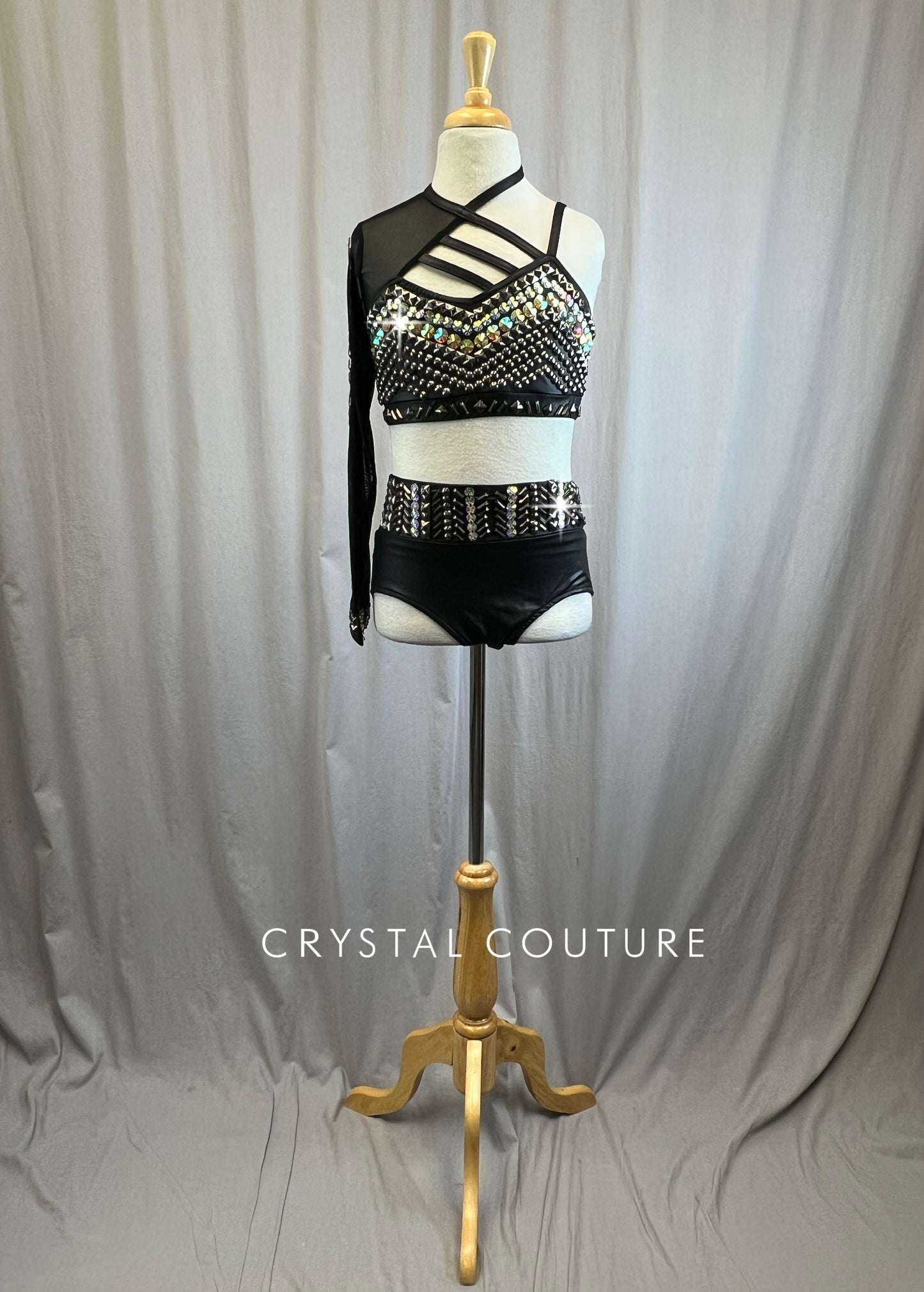 Black Faux Leather Strappy Studded Top and Brief Set. -Rhinestones, Metal Studs