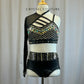 Black Faux Leather Strappy Studded Top and Brief Set. -Rhinestones, Metal Studs