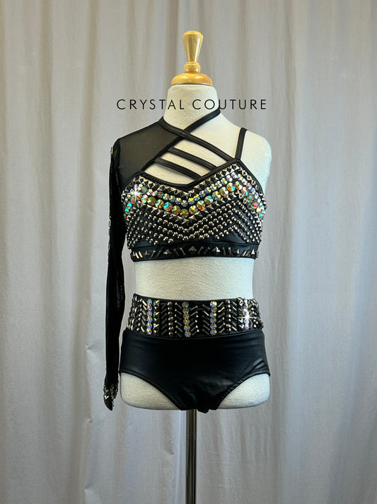 Black Faux Leather Strappy Studded Top and Brief Set. -Rhinestones, Metal Studs