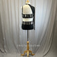 Black Faux Leather Strappy Studded Top and Brief Set. -Rhinestones, Metal Studs