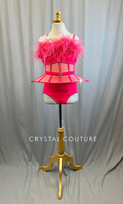 Neon Coral Caged Waist Leotard with Feathers and Peplum Skirt -Rhinestones, Accessories