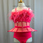 Neon Coral Caged Waist Leotard with Feathers and Peplum Skirt -Rhinestones, Accessories