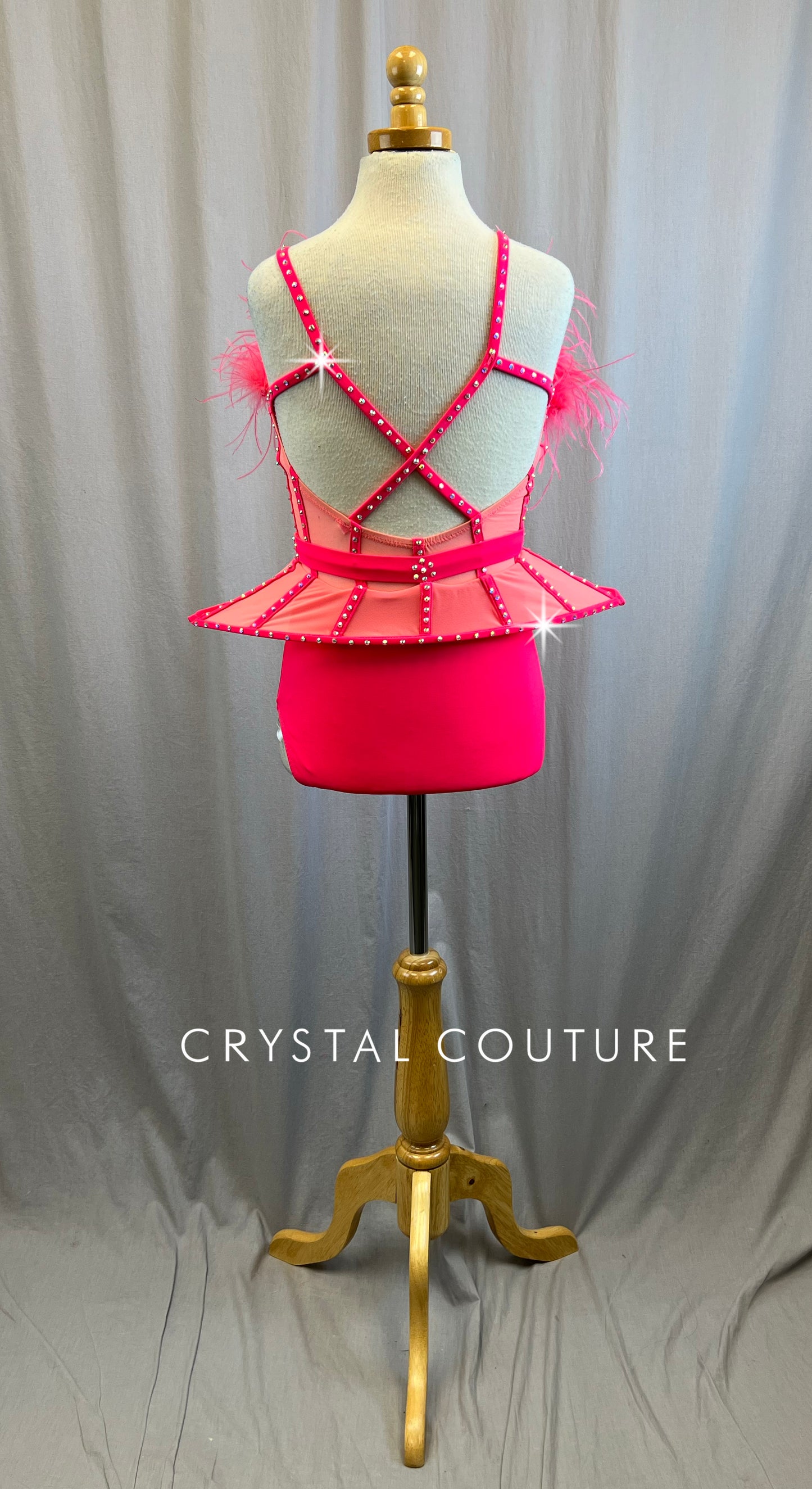 Neon Coral Caged Waist Leotard with Feathers and Peplum Skirt -Rhinest Crystal Couture Neon Coral Caged Waist Leotard with Feathers and Peplum Skirt -Rhinest Crystal Couture
