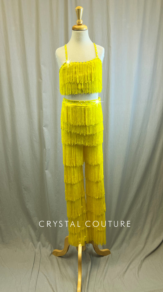 Yellow Fringe Bra Top and Pants Set -Rhinestones