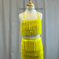 Yellow Fringe Bra Top and Pants Set -Rhinestones