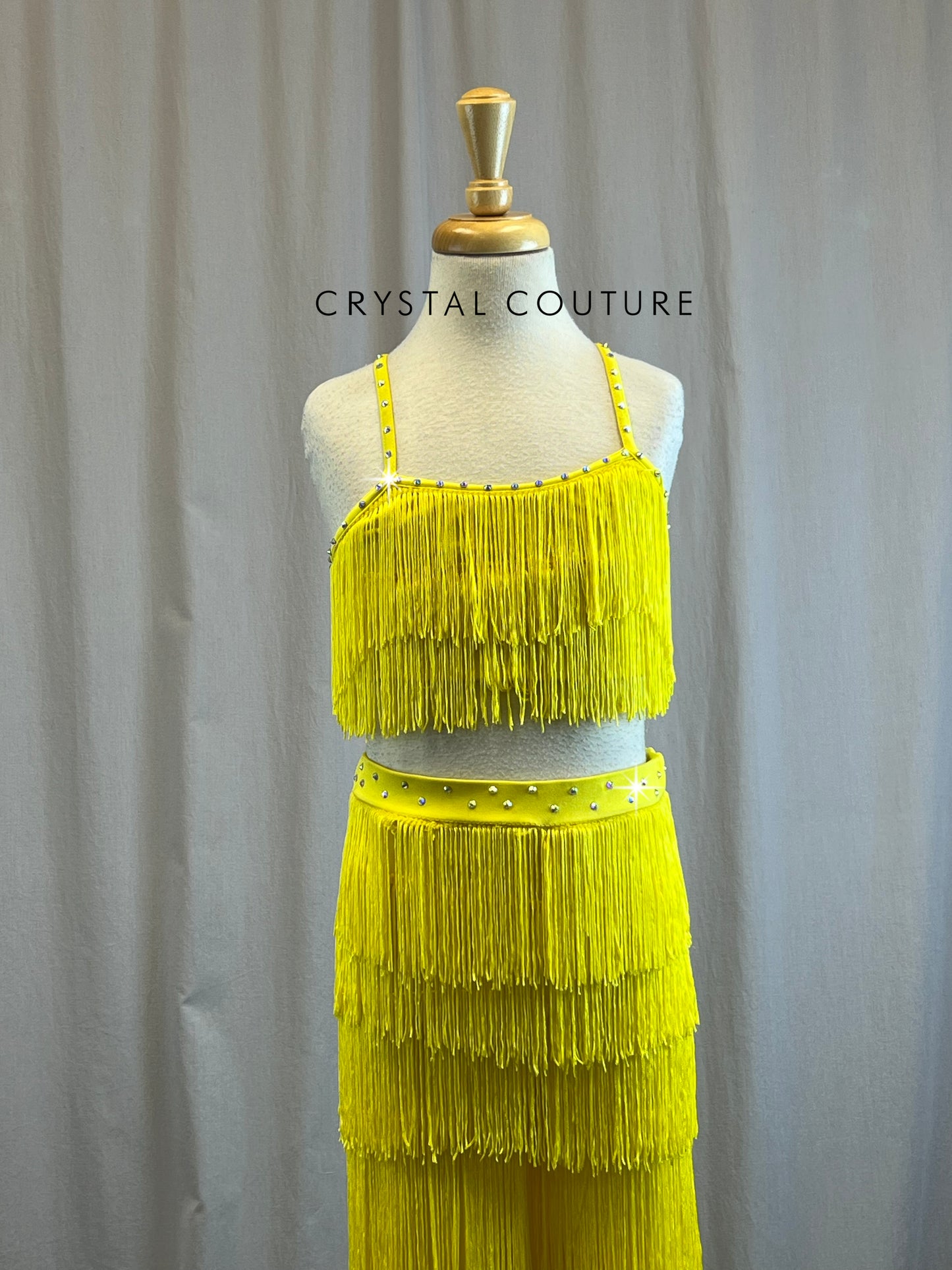 Yellow Fringe Bra Top and Pants Set -Rhinestones