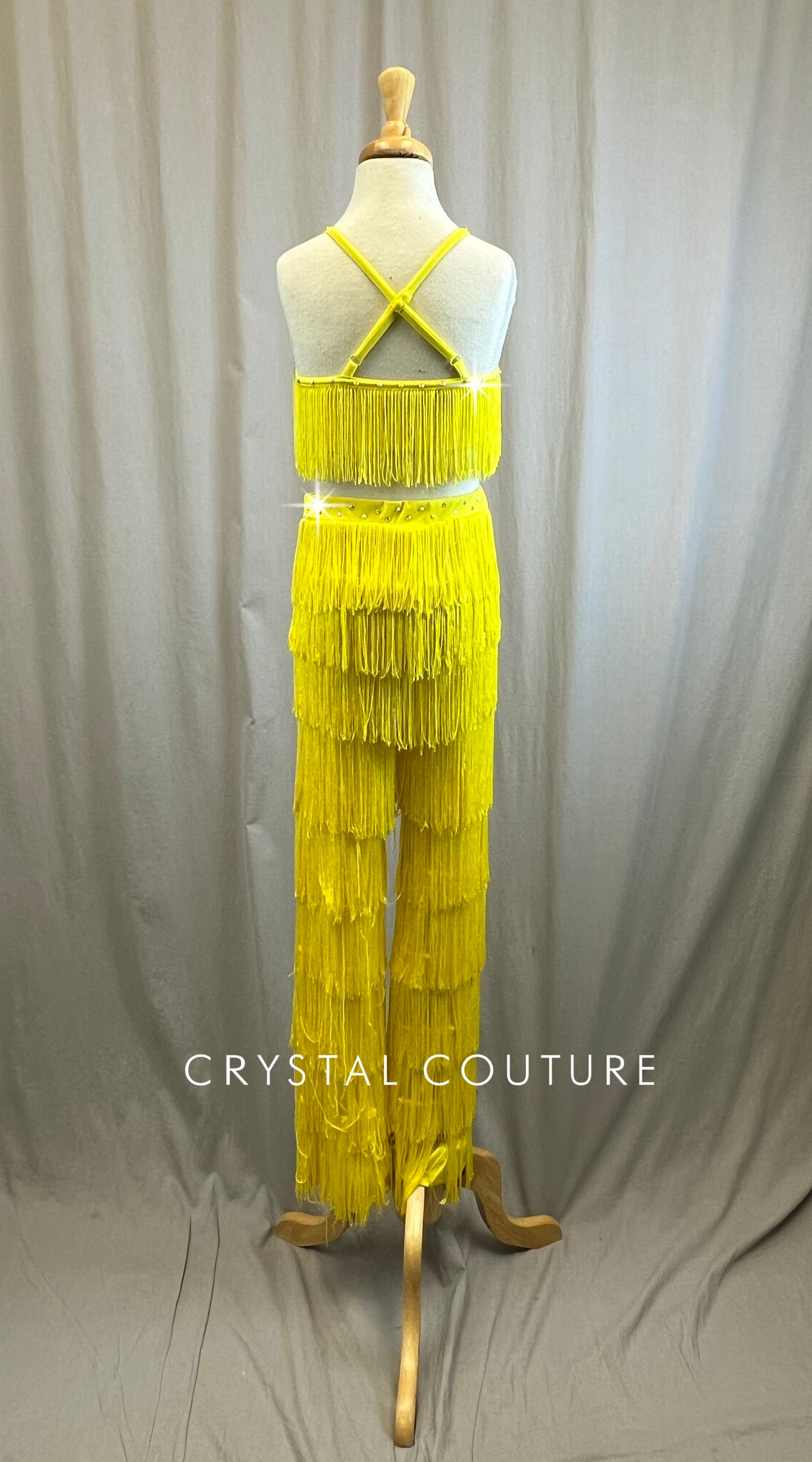 Yellow Fringe Bra Top and Pants Set -Rhinestones