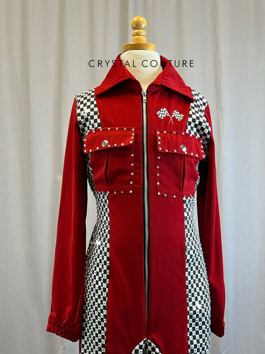 Race Car Style Zip Up Jumpsuit-Rhinestones, Hairpiece