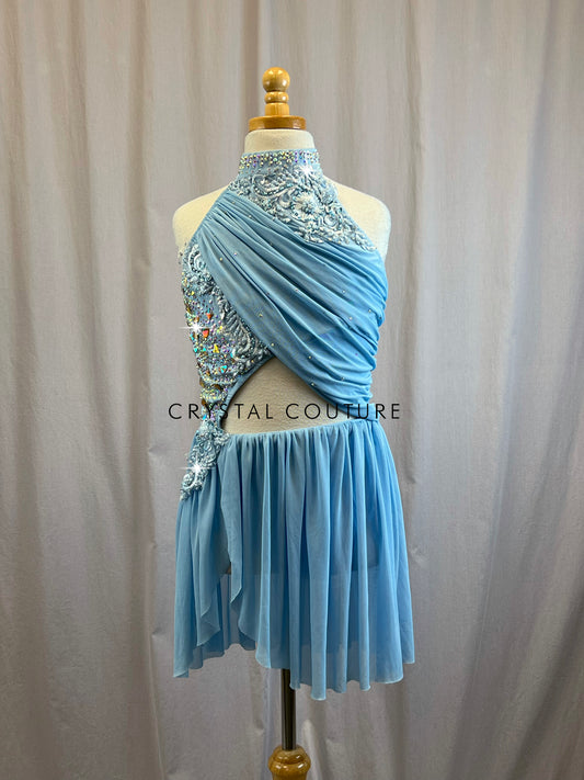 Light Blue Flowy Mesh Cut Out Dress -Rhinestones, Appliques