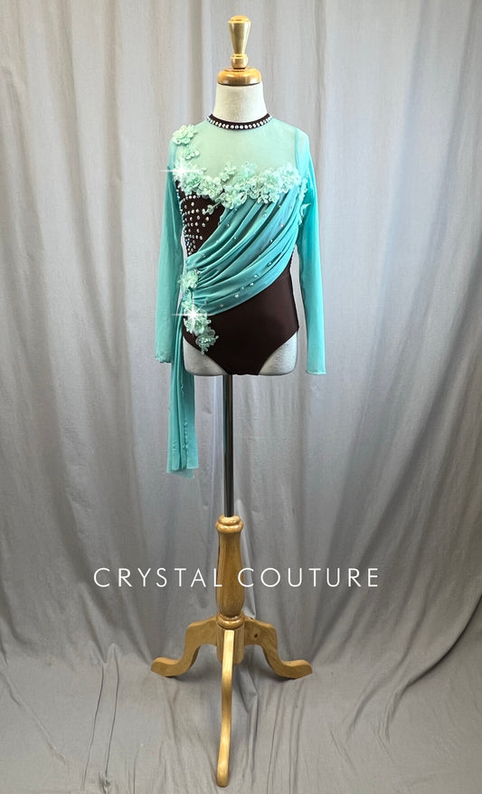 Mint Green and Chocolate Brown Leotard with Skirt -Rhinestones, Appliques, Hairpiece