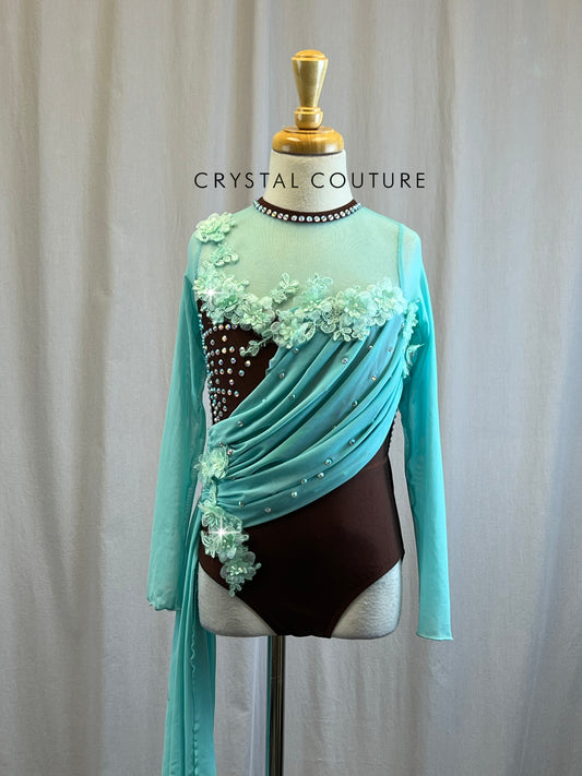 Mint Green and Chocolate Brown Leotard with Skirt -Rhinestones, Appliques, Hairpiece