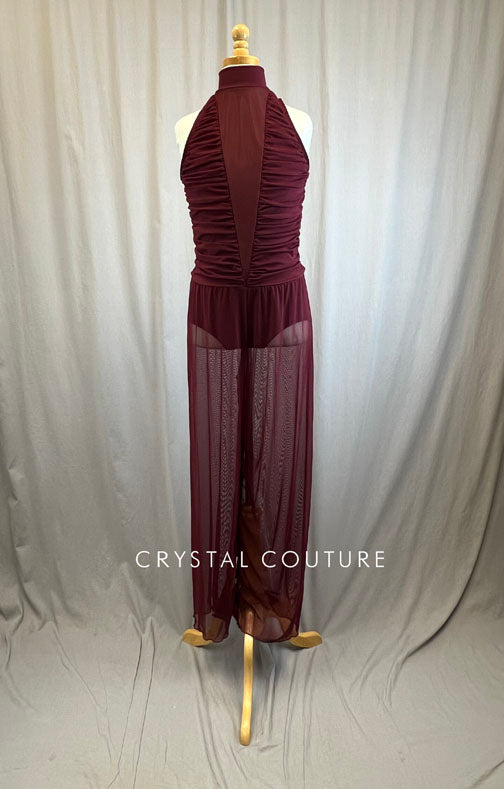 Maroon Ruched Mesh Unitard