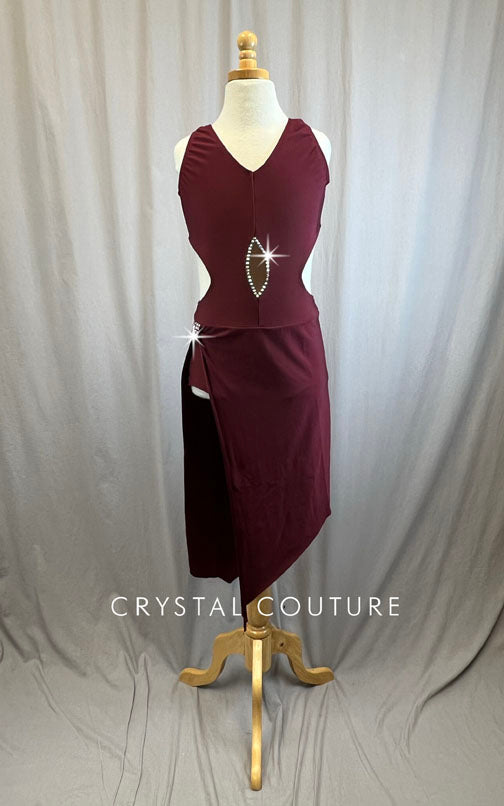 Maroon High Slit Dress -Rhinestones