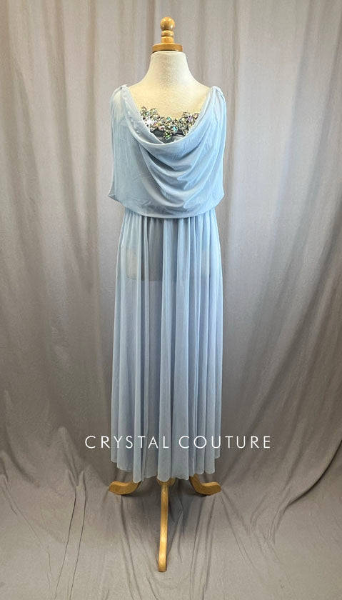 Baby Blue Long Multi Slit Mesh Dress -Rhinestones, Rhinestone Appliques