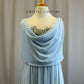 Baby Blue Long Multi Slit Mesh Dress -Rhinestones, Rhinestone Appliques