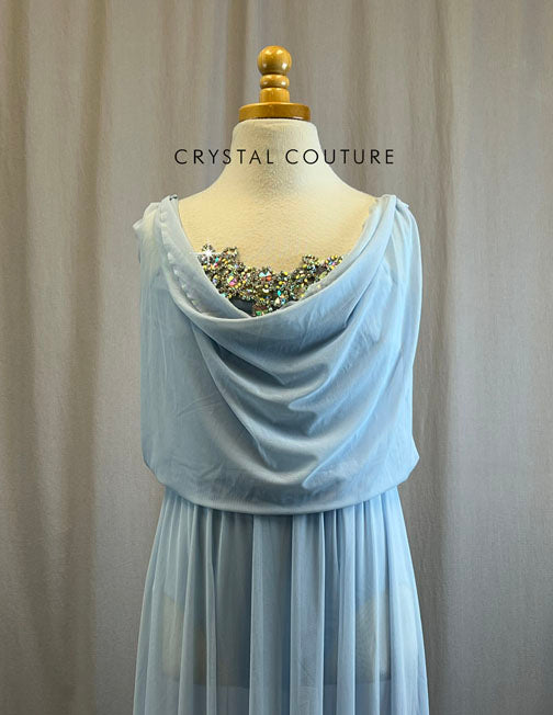 Baby Blue Long Multi Slit Mesh Dress -Rhinestones, Rhinestone Appliques