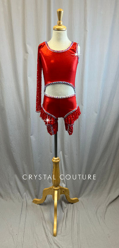 Custom Metallic Red Cutout Biketard with Single Sleeve and Ruffles -Rhinestones
