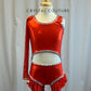 Custom Metallic Red Cutout Biketard with Single Sleeve and Ruffles -Rhinestones