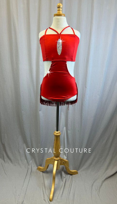 Custom Red Cut-Out Leotard With Fringe -Rhinestones